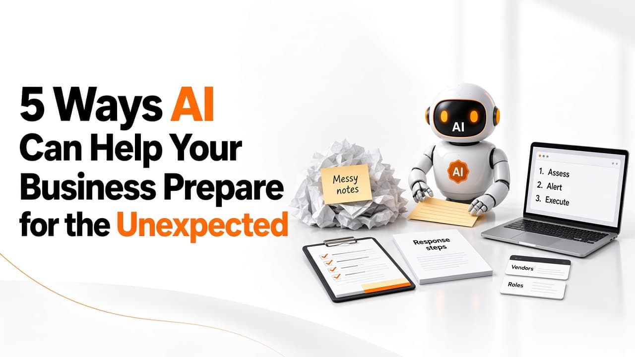 5 Ways AI Can Help Your Business Prepare for the Unexpected — a robot turning messy notes into a checklist, a response playbook, vendor and role cards, and a short outage procedure