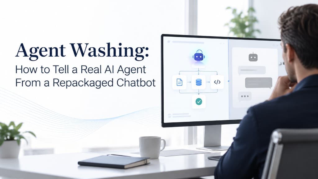 Agent Washing: How to Tell a Real AI Agent From a Repackaged Chatbot — professional comparing an AI workflow with a chatbot on a computer monitor