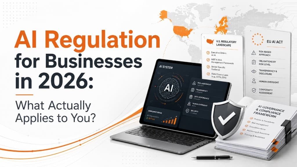 AI Regulation for Businesses in 2026: What Actually Applies to You? — compliance dashboard with U.S. regulatory landscape and EU AI Act