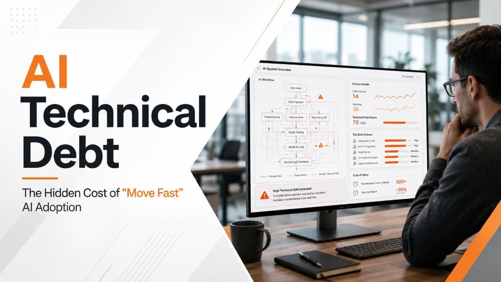 AI Technical Debt: The Hidden Cost of 'Move Fast' AI Adoption — professional reviewing an AI System Overview dashboard with a high technical debt score