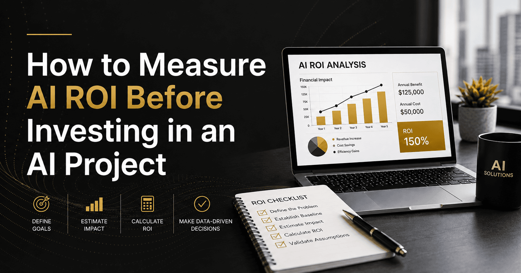 AI ROI analysis dashboard with financial impact chart and ROI checklist