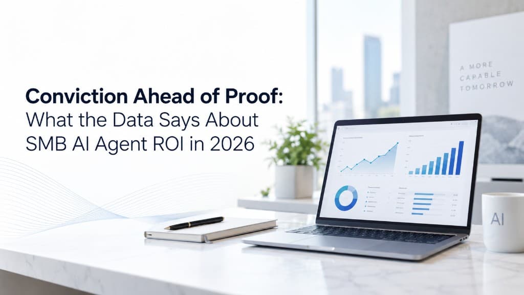 Conviction Ahead of Proof: What the Data Says About SMB AI Agent ROI in 2026 — laptop showing analytics dashboards on a marble desk