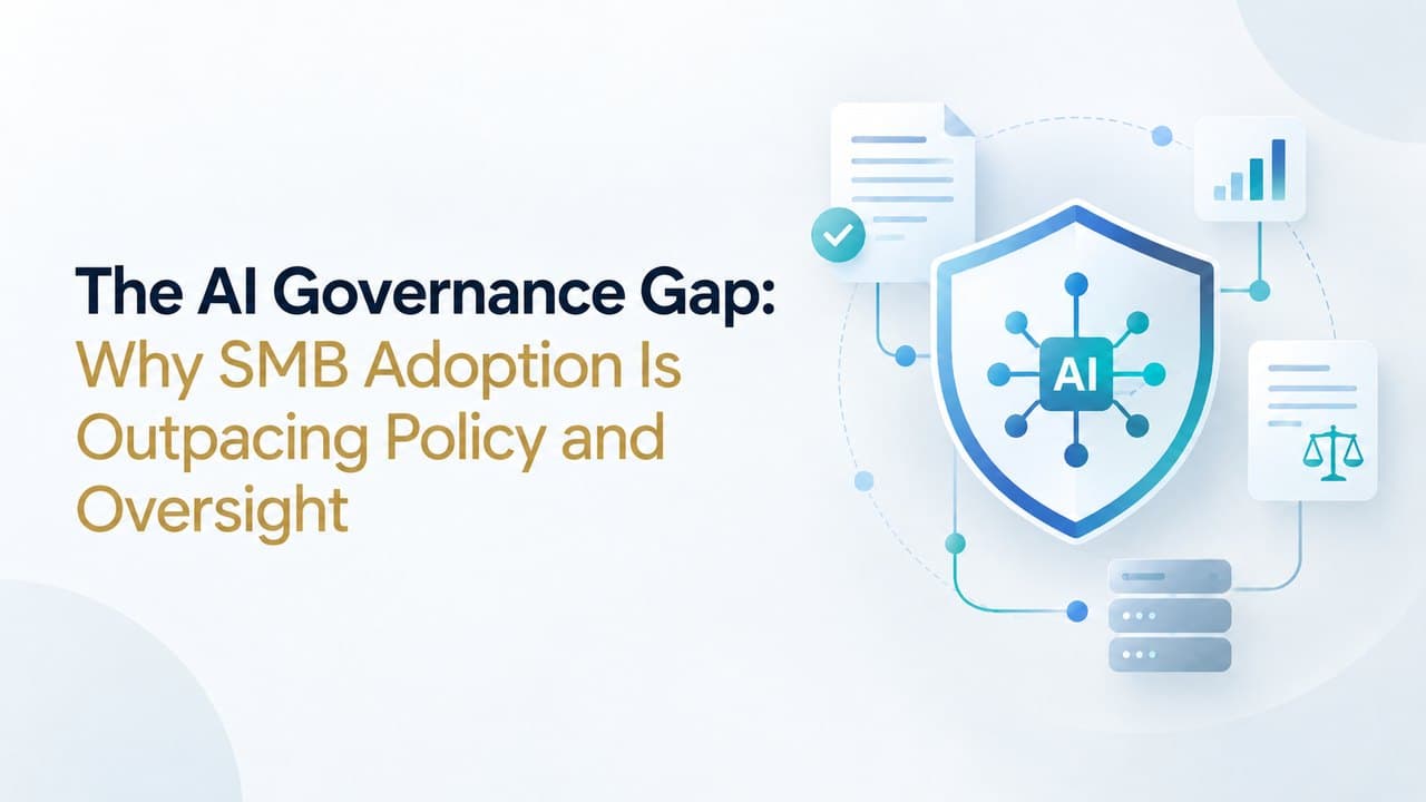 The AI Governance Gap: Why SMB Adoption Is Outpacing Policy and Oversight — illustration of an AI shield connected to policy, data, analytics, and compliance