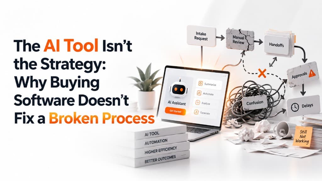 The AI Tool Isn't the Strategy: Why Buying Software Doesn't Fix a Broken Process — a laptop AI assistant beside a broken workflow of manual review, handoffs, approvals, and delays