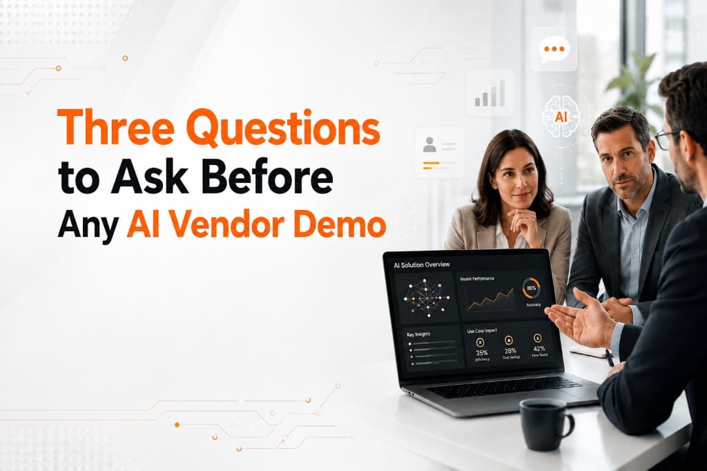 Three Questions to Ask Before Any AI Vendor Demo — business meeting reviewing an AI solution overview on a laptop