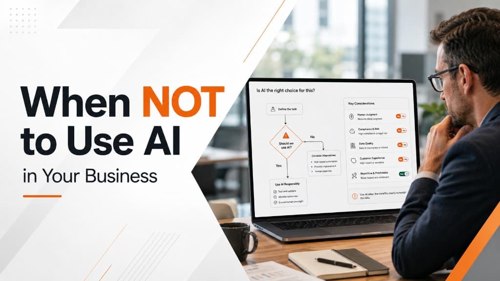 When NOT to Use AI in Your Business — professional reviewing an AI decision flowchart on a laptop