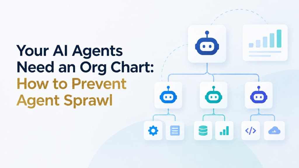 Your AI Agents Need an Org Chart: How to Prevent Agent Sprawl — illustration of an AI agent hierarchy with a parent agent, team agents, and connected business tools