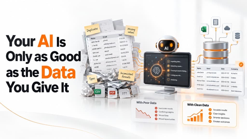 Your AI Is Only as Good as the Data You Give It — messy customer records with duplicates, missing values, and inconsistent formats being cleaned into a reliable database, with poor-data results contrasted against clean-data results