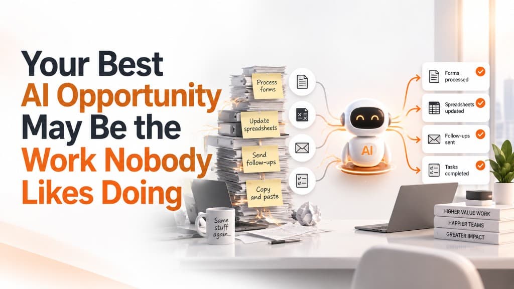 Your Best AI Opportunity May Be the Work Nobody Likes Doing — an AI robot turning a stack of forms, spreadsheets, follow-ups, and copy-and-paste notes into completed work
